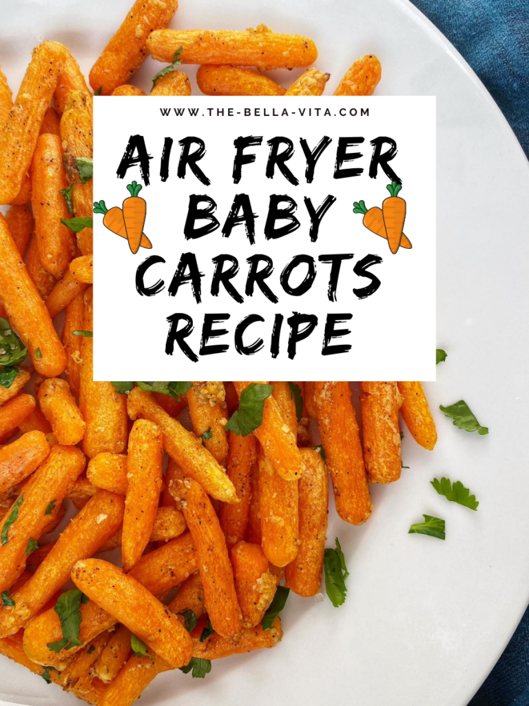 Air fryer baby carrots on a white plate, garnished with fresh parsley. Text overlay reads: