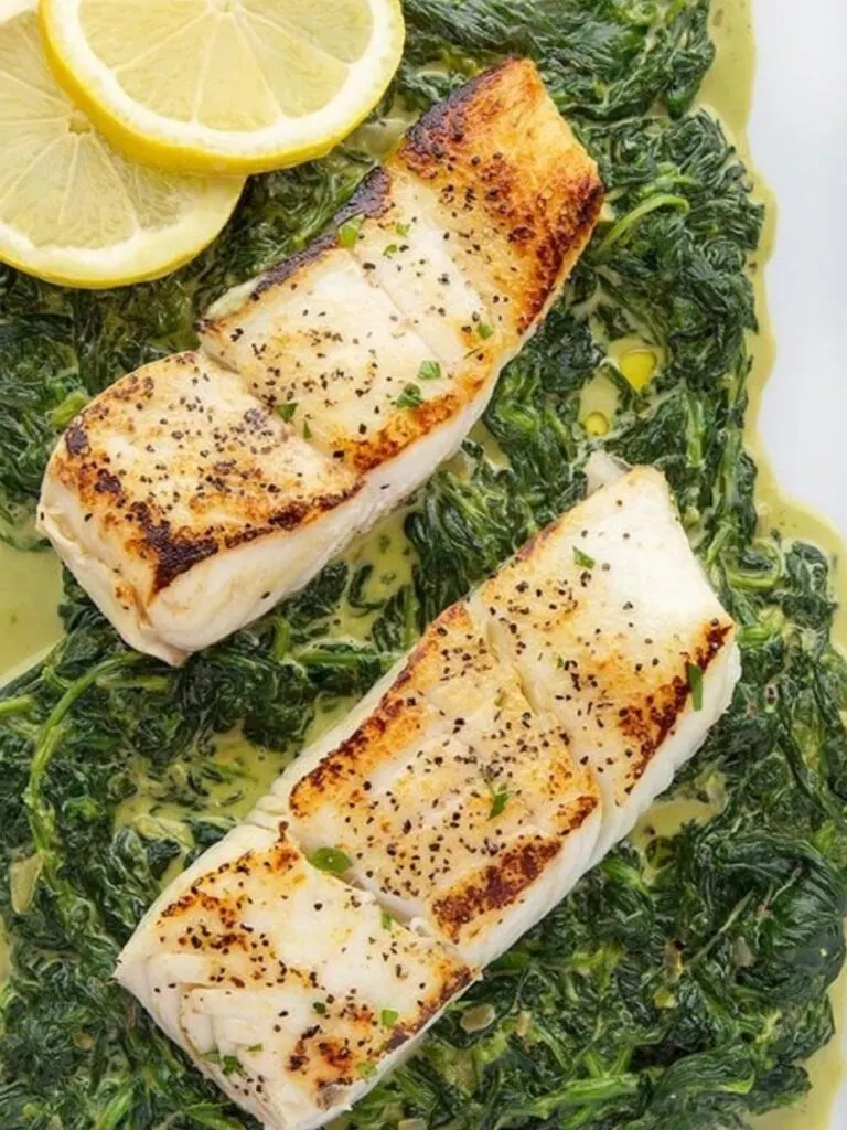 HALIBUT WITH CREAMED SPINACH