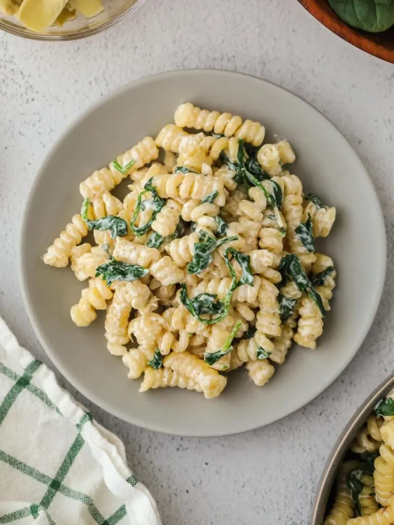 rotini pasta in plate with spinach