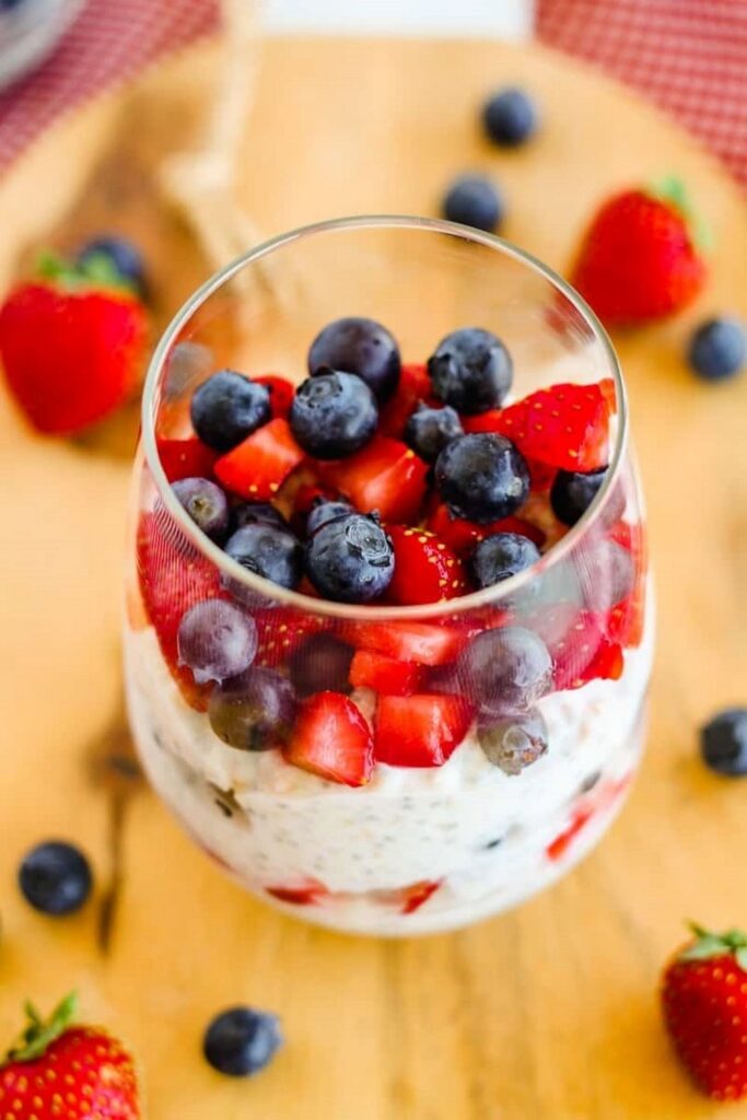 Chia Overnight Oats Overnight oats recipe: Glass filled with layered oats, strawberries, and blueberries.