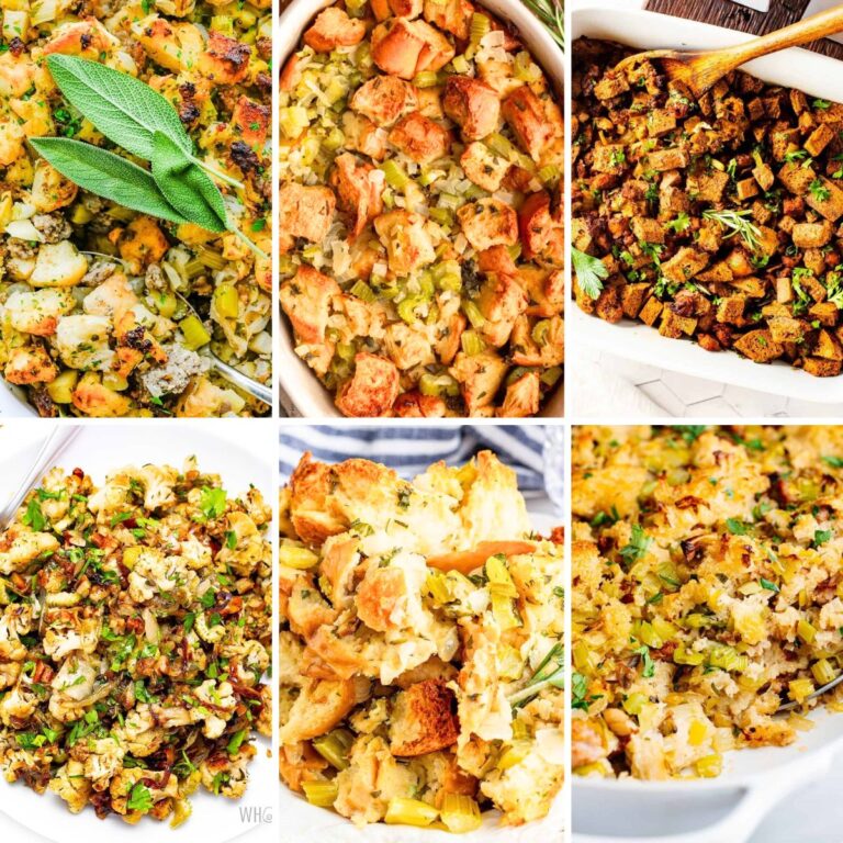 Six Thanksgiving stuffing recipes with bread, vegetables, and herbs.