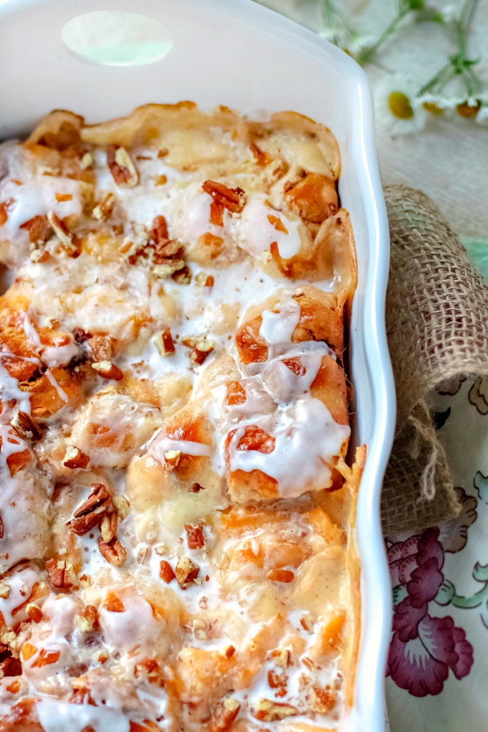 Peach Cream Cheese Cinnamon Roll Breakfast Casserole