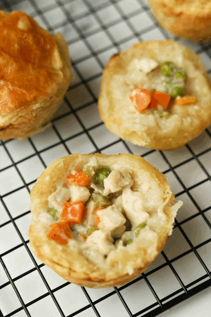 Mini chicken pot pies on a wire rack, showcasing flaky crust and savory filling. A delicious Christmas potluck recipe idea.