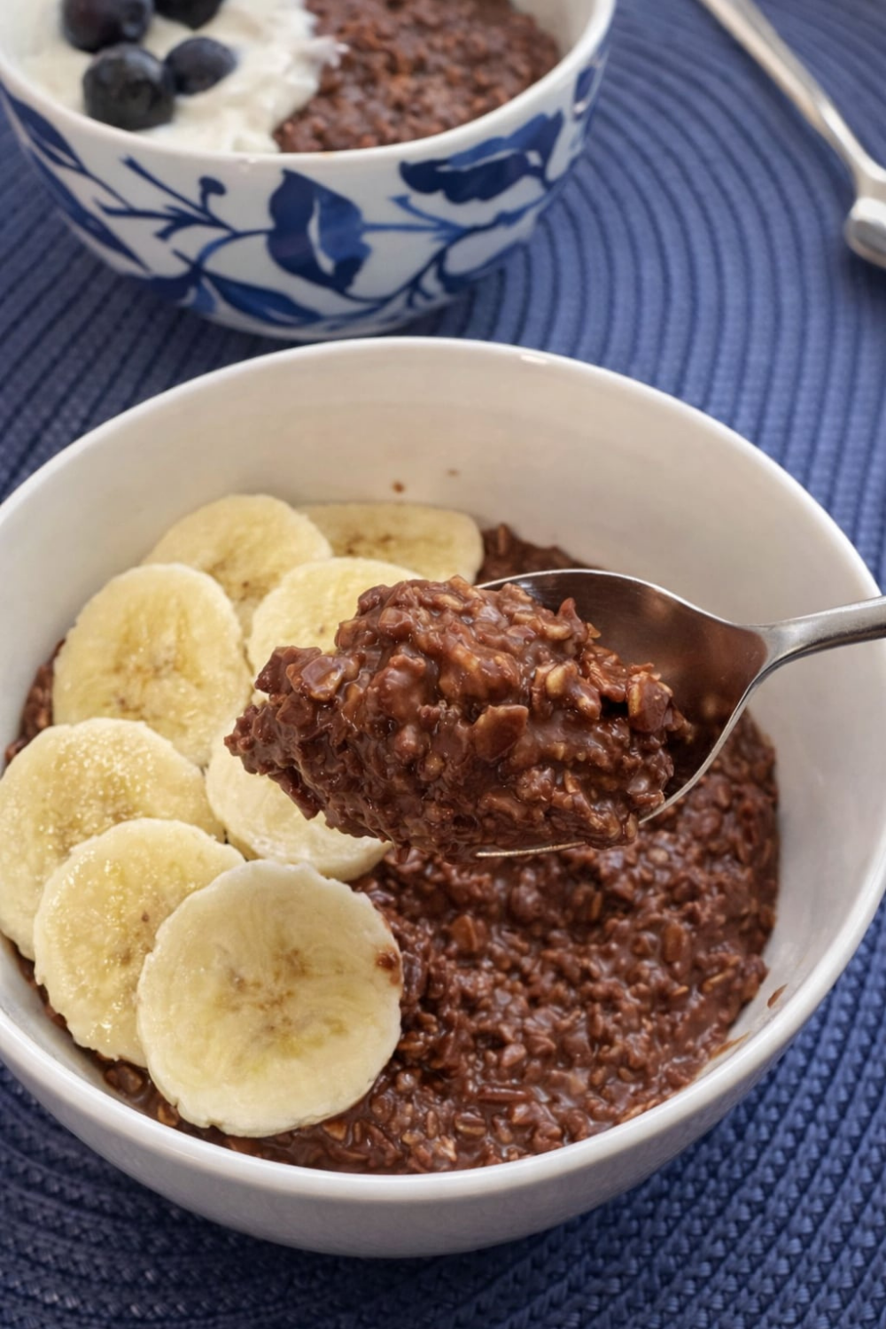 Close-up of chocolate oatmeal in a white bowl, topped with banana slices. A spoonful is lifted, showing the texture. Another bowl with yogurt and blueberries is blurred in the background. Healthy chocolate oatmeal breakfast.