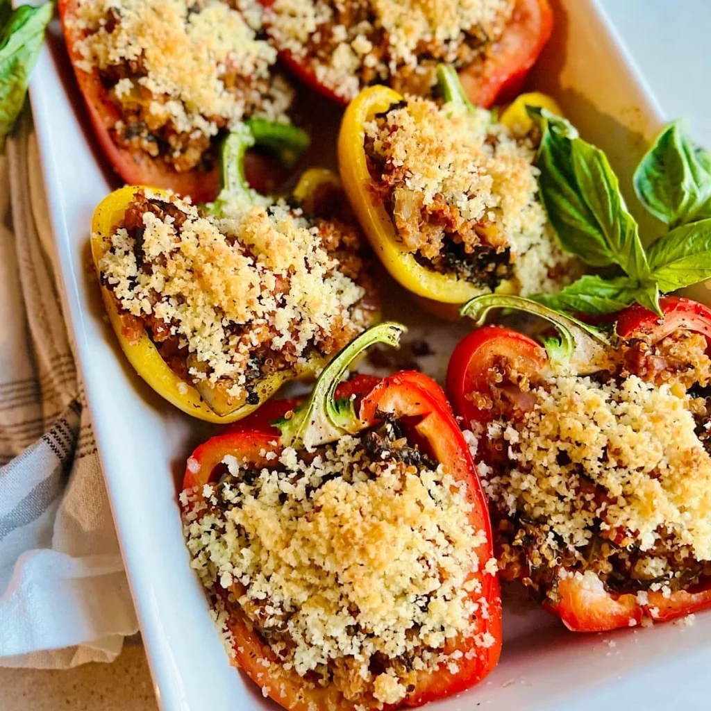 Stuffed bell peppers, a delicious example of vegan Italian recipes, fill a white dish. Red and yellow peppers overflow with a savory filling and a golden, crispy topping. Fresh basil sprigs add a vibrant touch.