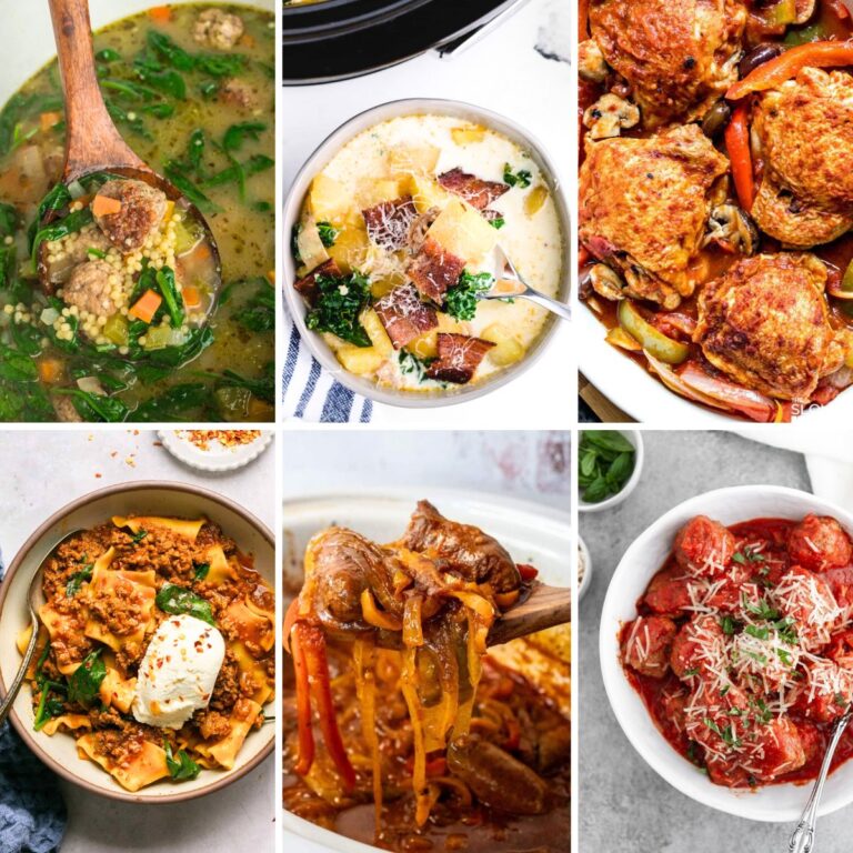 Collage of six Italian slow cooker recipes. Includes soup, pasta, and meat dishes, showcasing easy Italian meals.