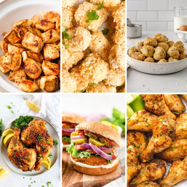 Collage of air fryer chicken recipes: chicken bites, fried chicken, meatballs, drumsticks, a chicken burger, and chicken wings. Delicious and easy ideas for air fryer chicken recipes.