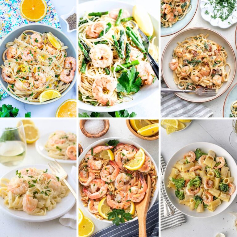 Collage of six shrimp pasta recipes, featuring various pasta shapes, sauces, and additions like lemon, asparagus, and broccoli. A delicious collection of shrimp pasta recipes!