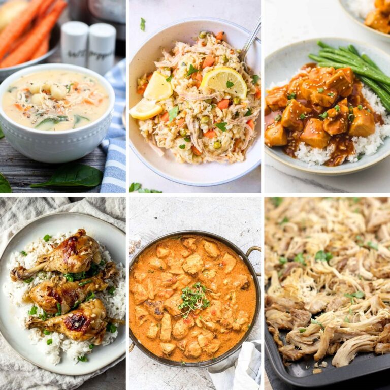Collage of six delicious Instant Pot chicken recipes, showcasing chicken soup, chicken and rice, orange chicken, chicken drumsticks, chicken curry, and shredded chicken.