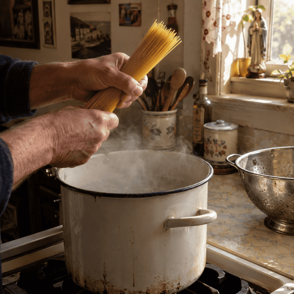 Snapping the spaghetti in half to fit the pot