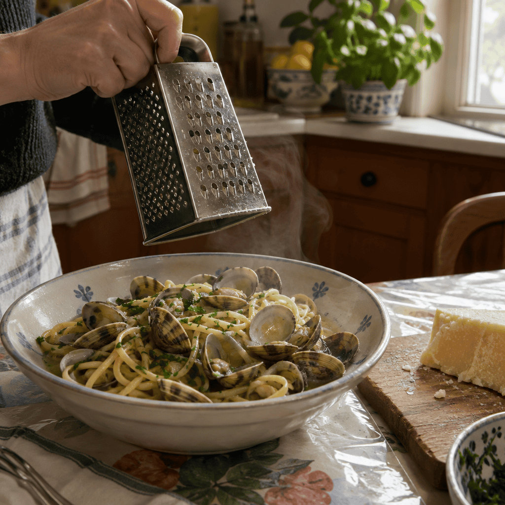 Grating cheese over the seafood pasta