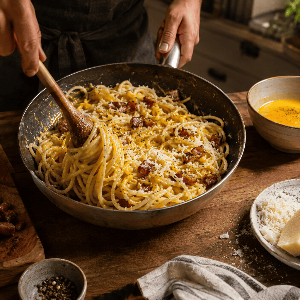 Stirring cream into the carbonara