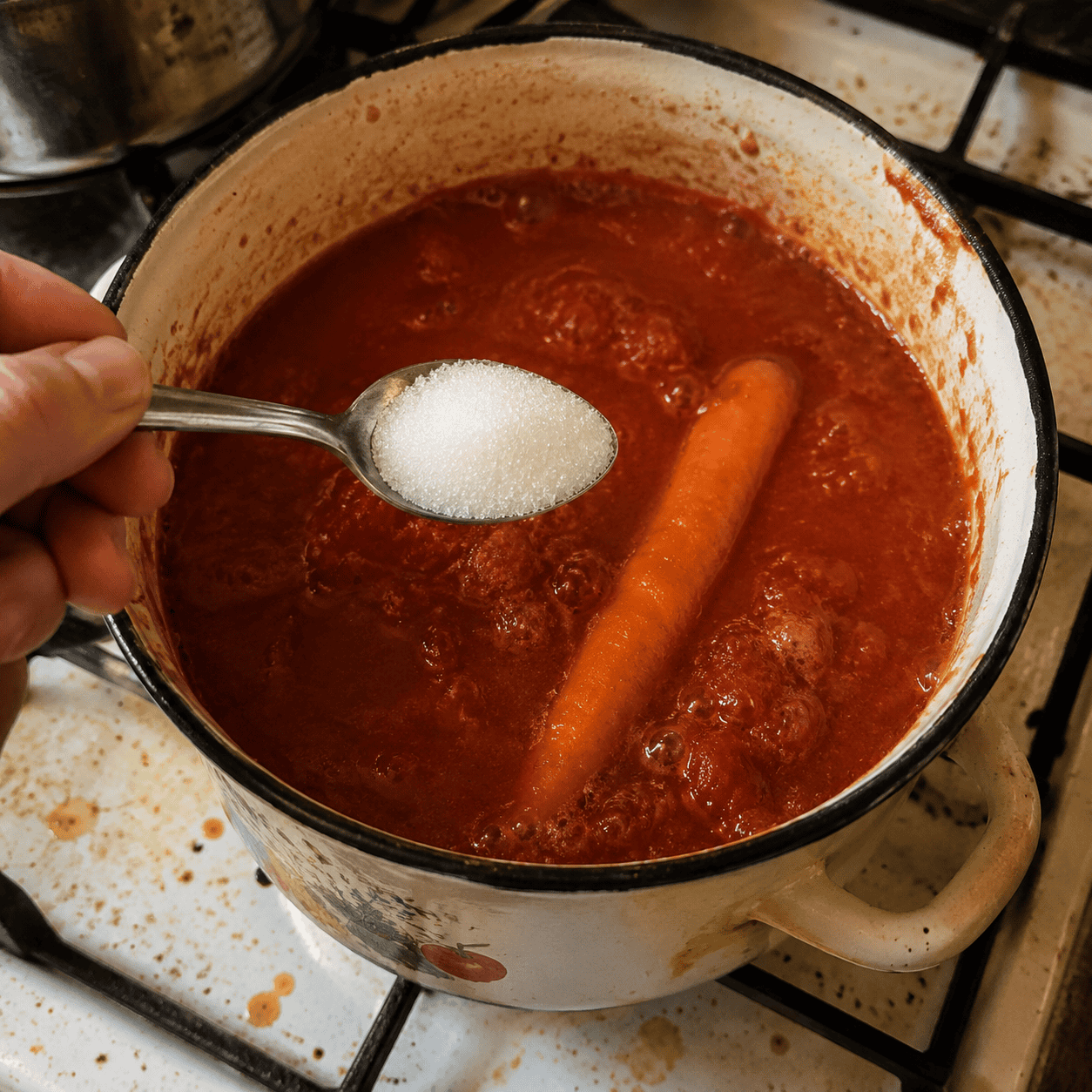 Spooning sugar into the tomato sauce