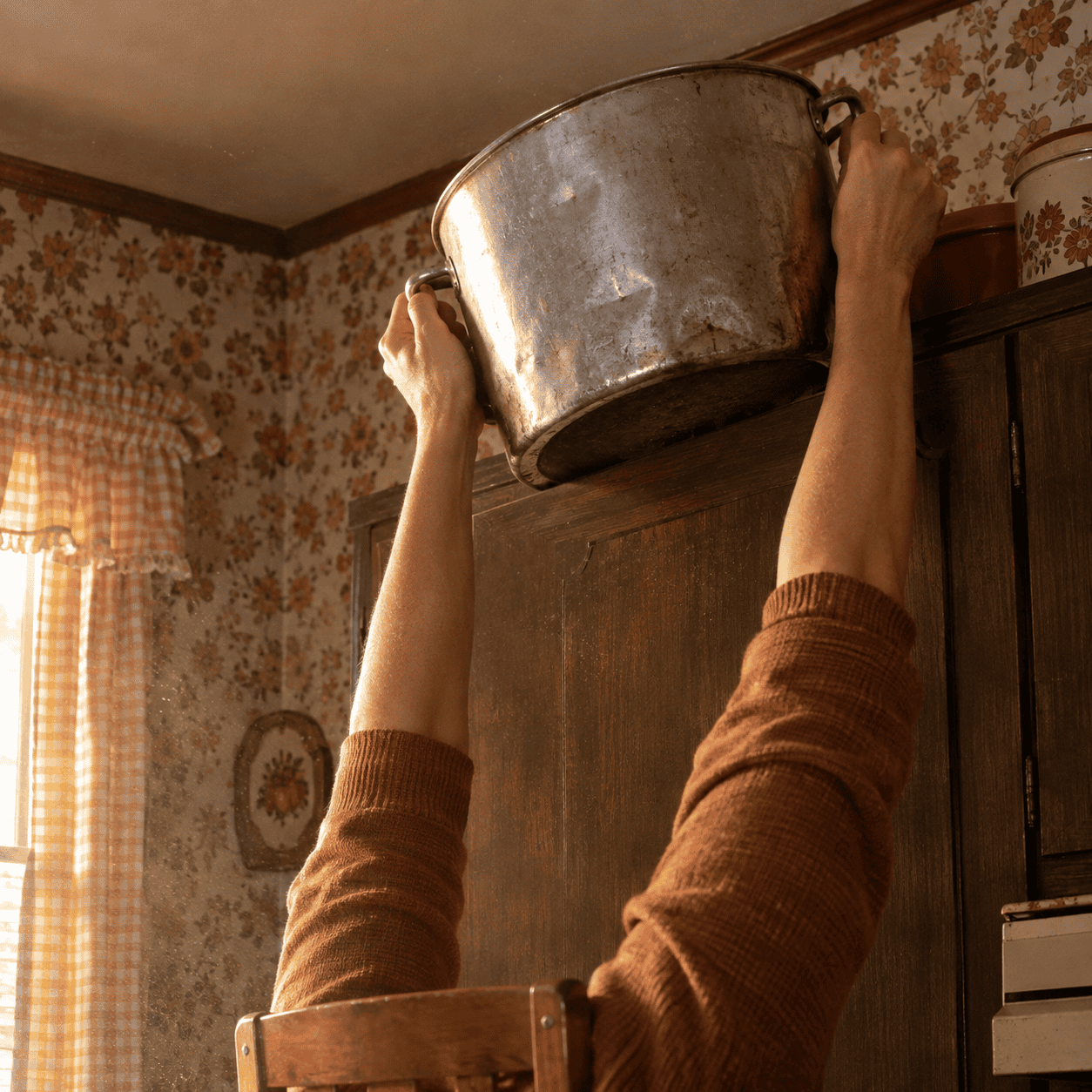 The Big Pot Comes Down From the Top of the Cabinets