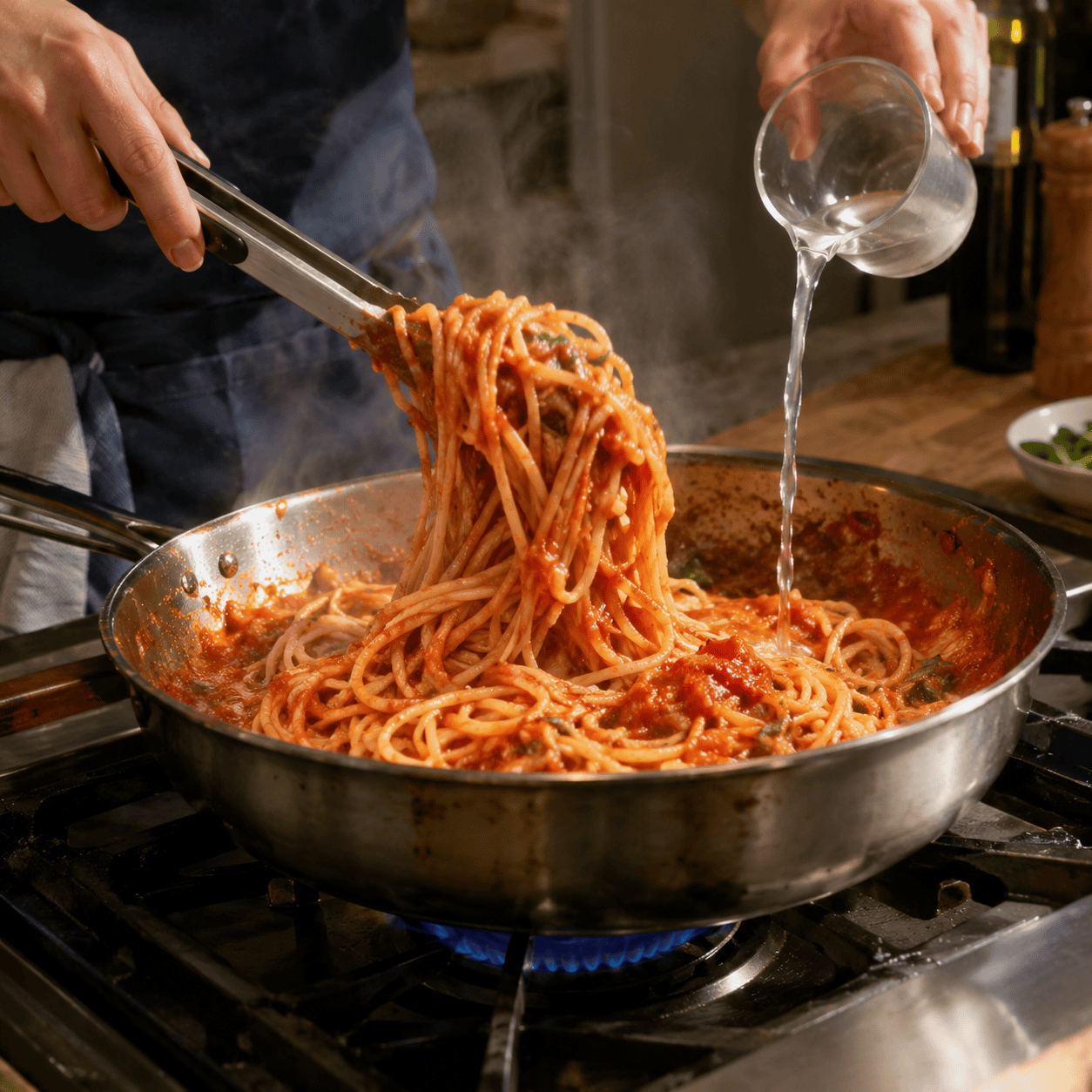 Ladling sauce on top like gravy instead of finishing the pasta in the pan