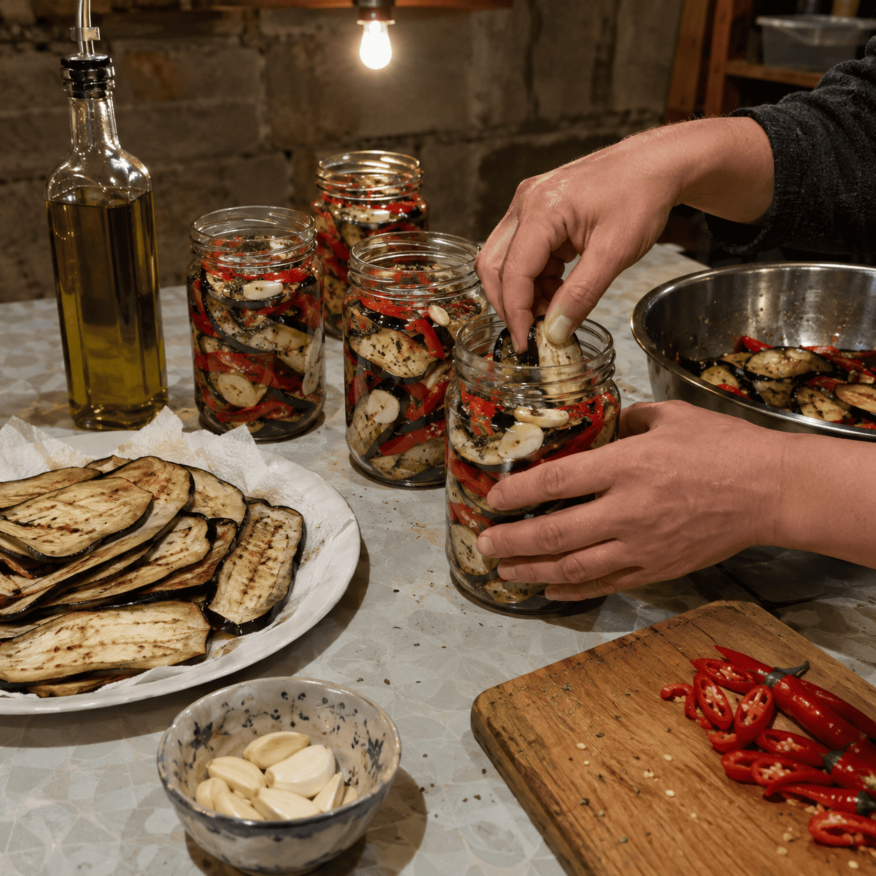 Peppers and Eggplant Go Under Oil