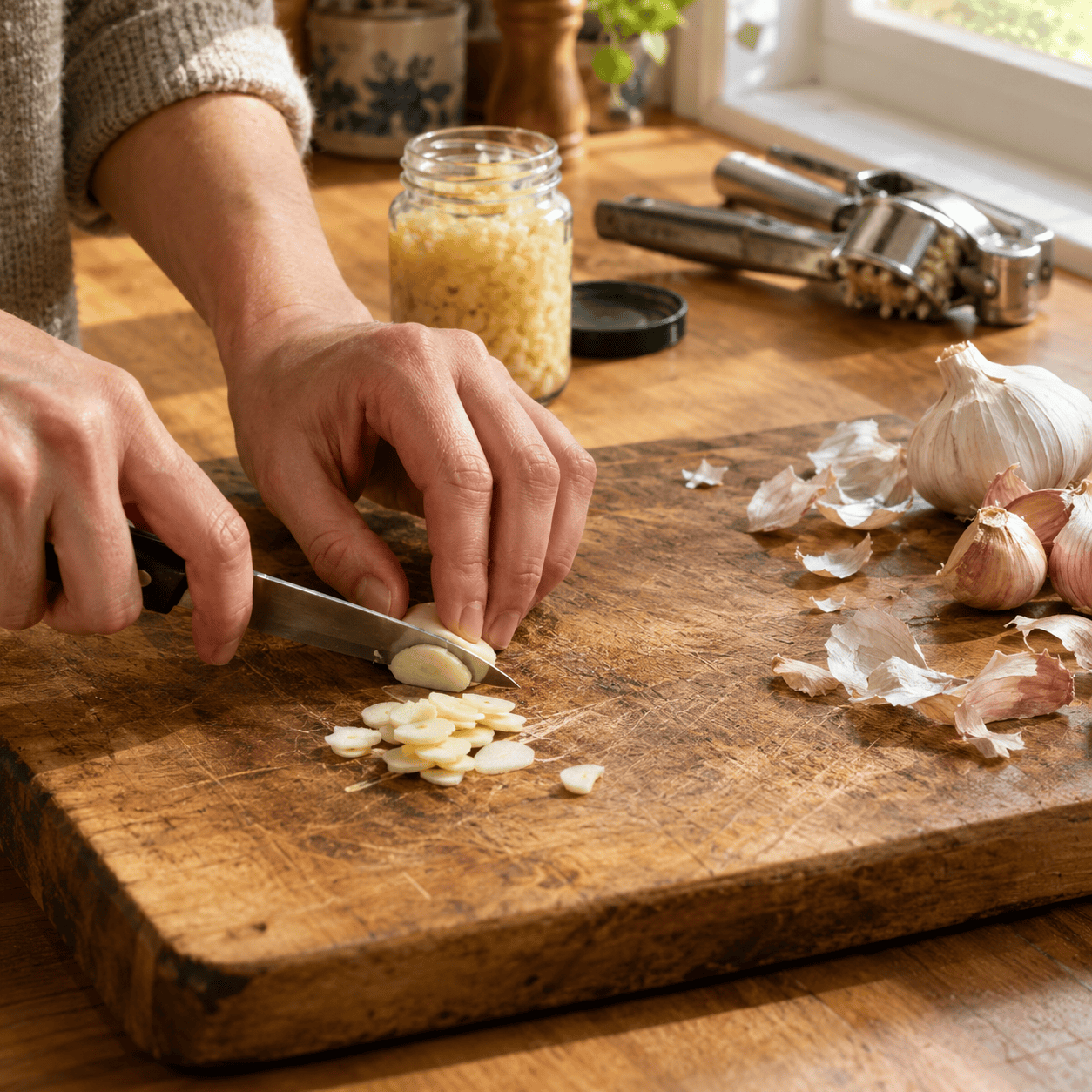 Jarred minced garlic (and the garlic press)
