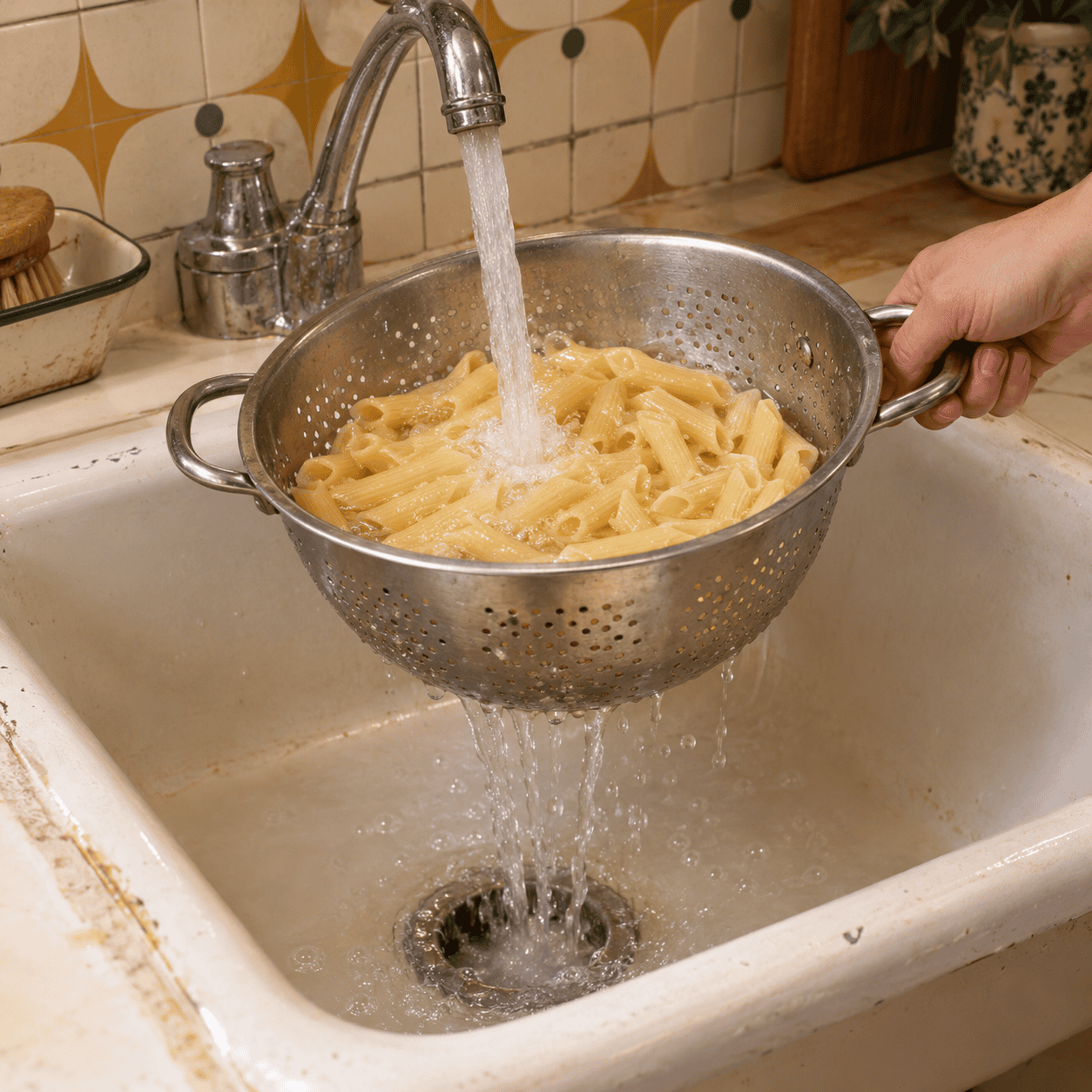 Rinsing the cooked pasta under cold water