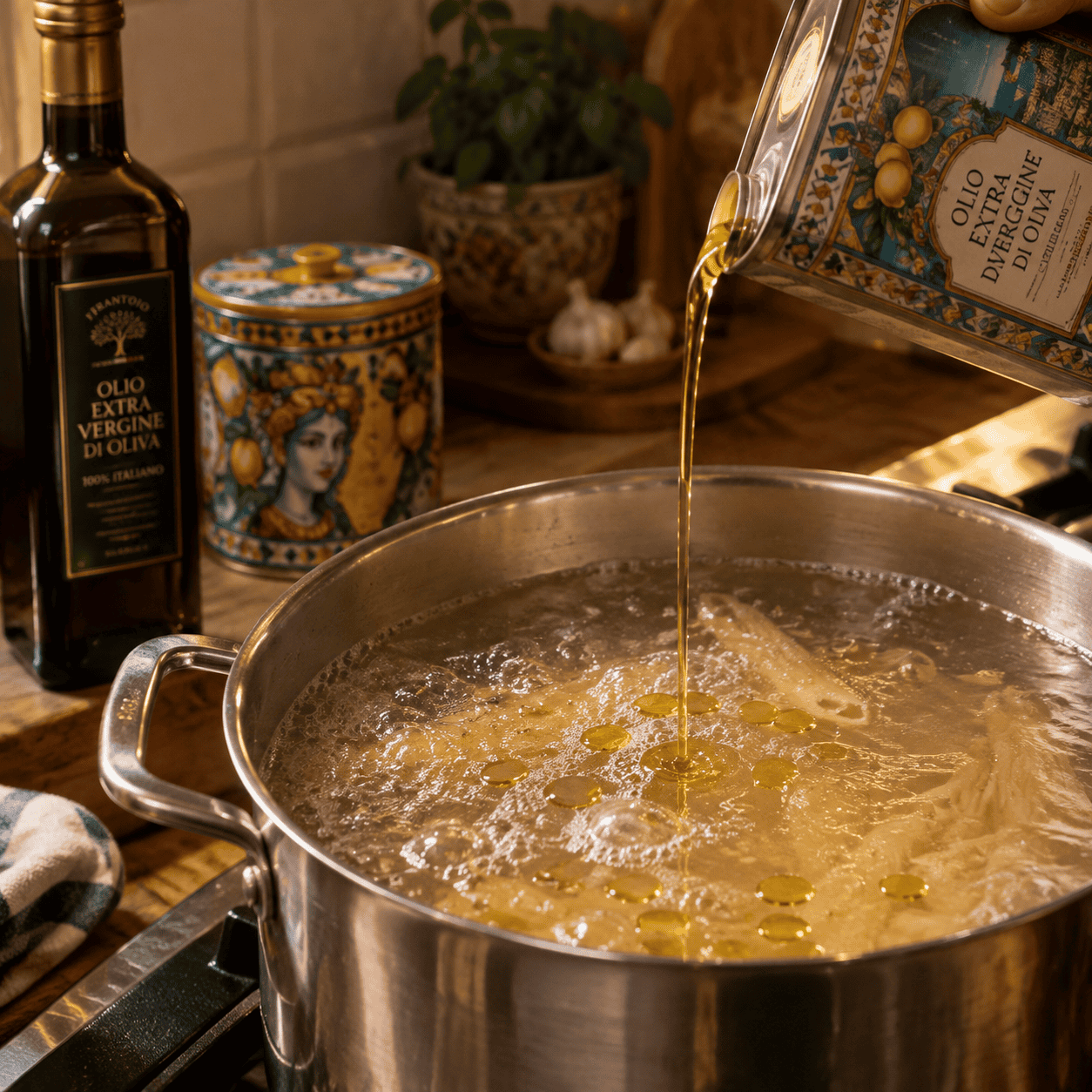 Pouring oil into the pasta water