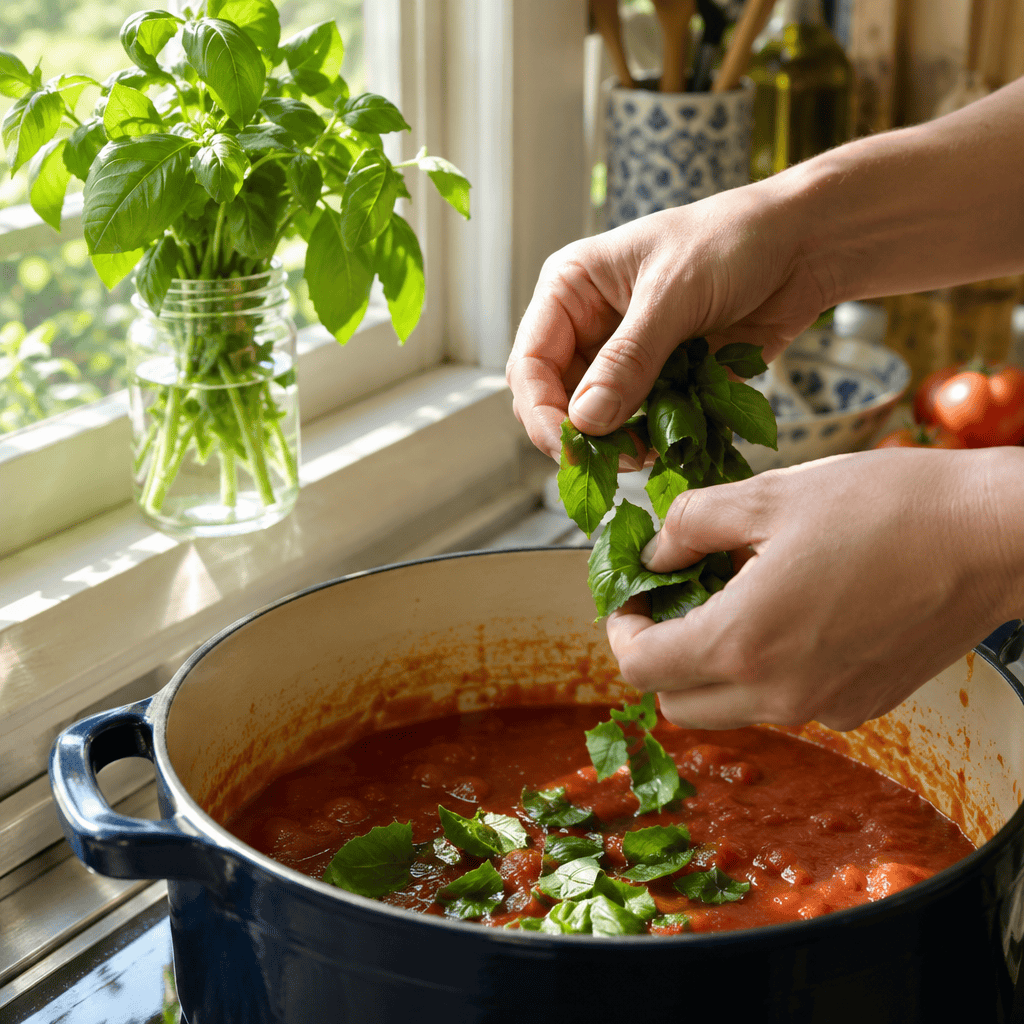 Chopping the basil to confetti and cooking it from the start