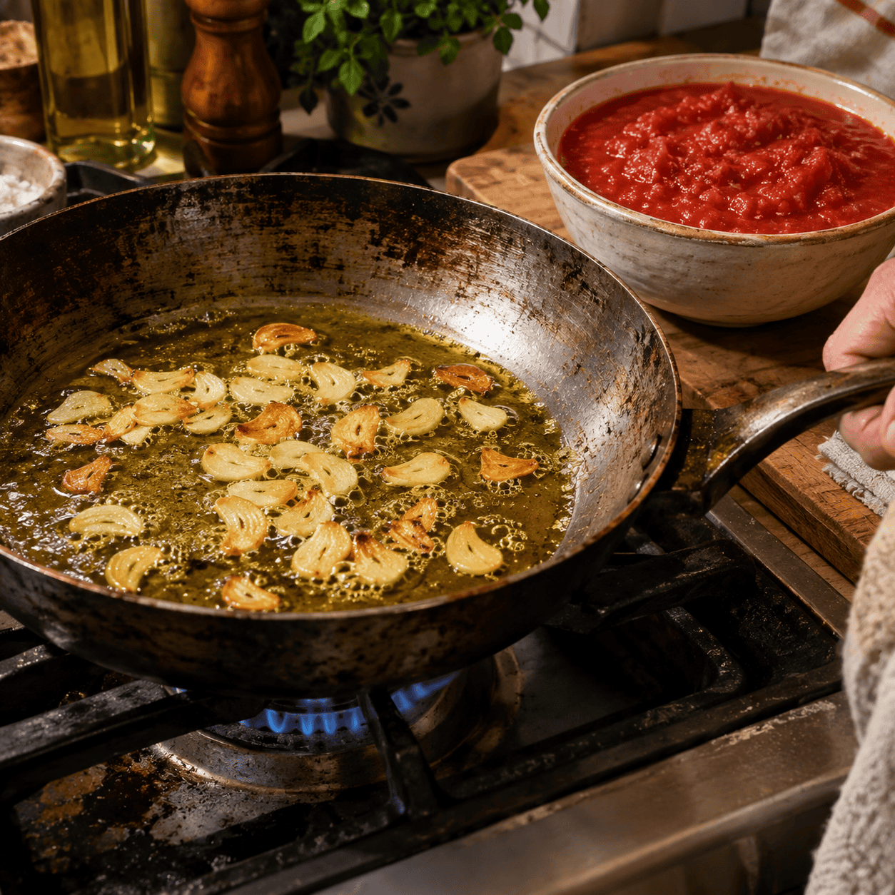 Letting the garlic burn in the pan