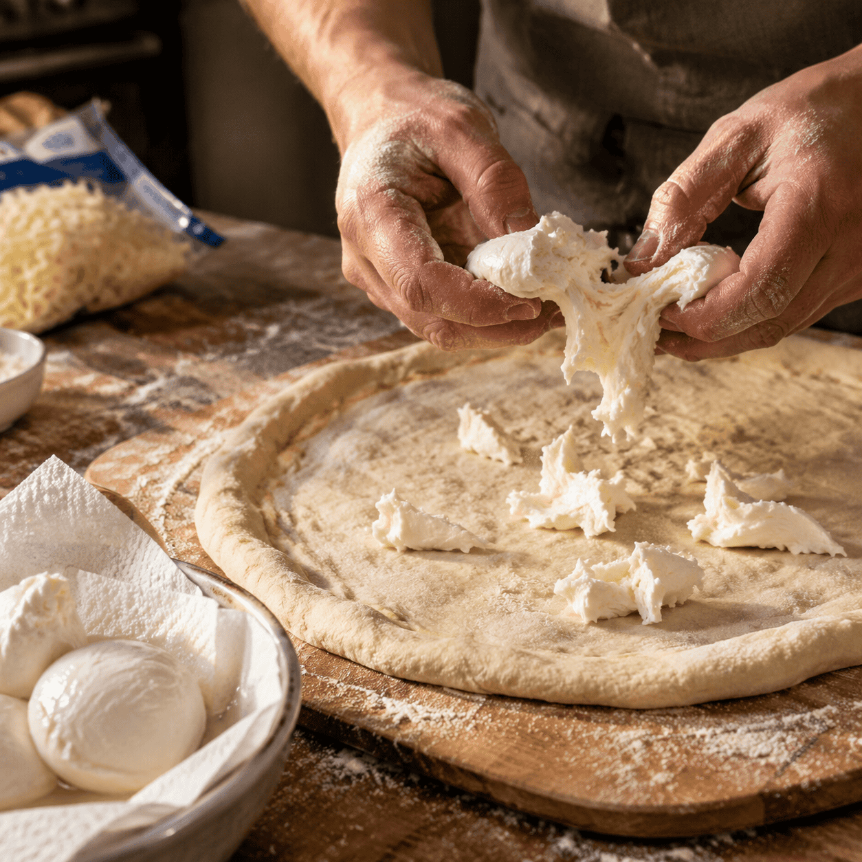 Bagged pre-shredded mozzarella on the pizza