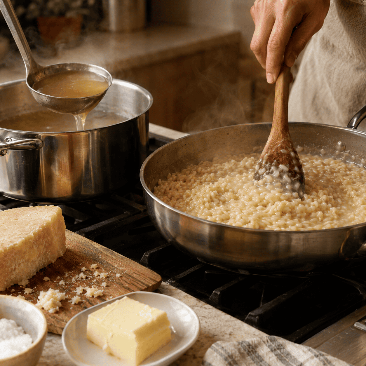 Rinsing the risotto rice (and dumping the broth in all at once)
