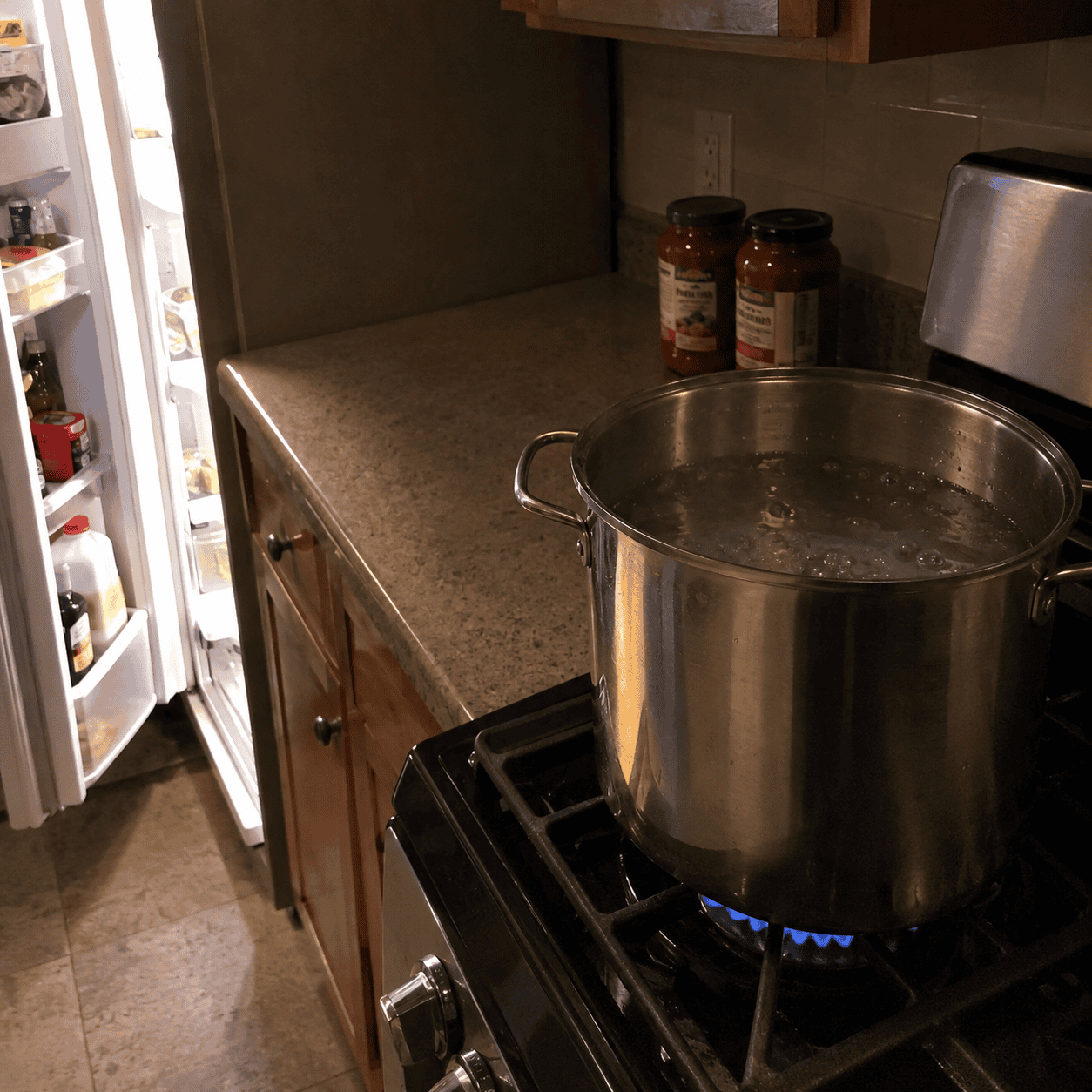 The pot of water goes on before you know what you're making
