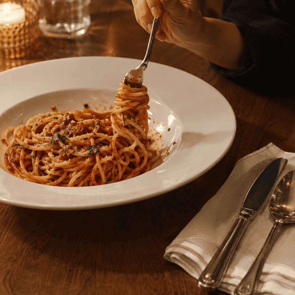 Cutting the spaghetti with a knife (or twirling it against a spoon)