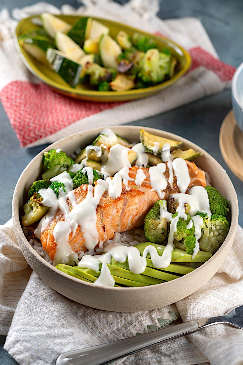 Salmon Rice Bowl with Roasted Zucchini & Broccoli