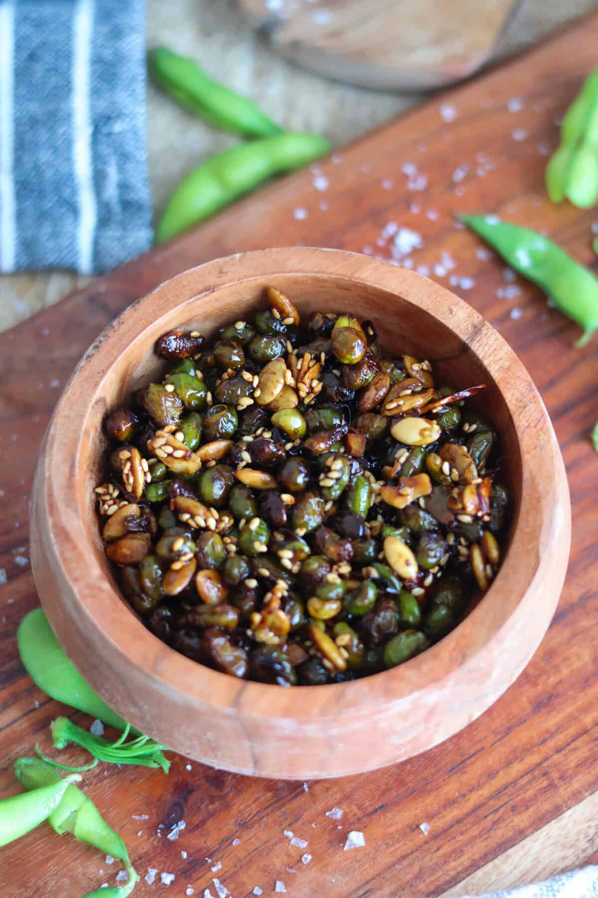 Bowlful of crispy edamame. 